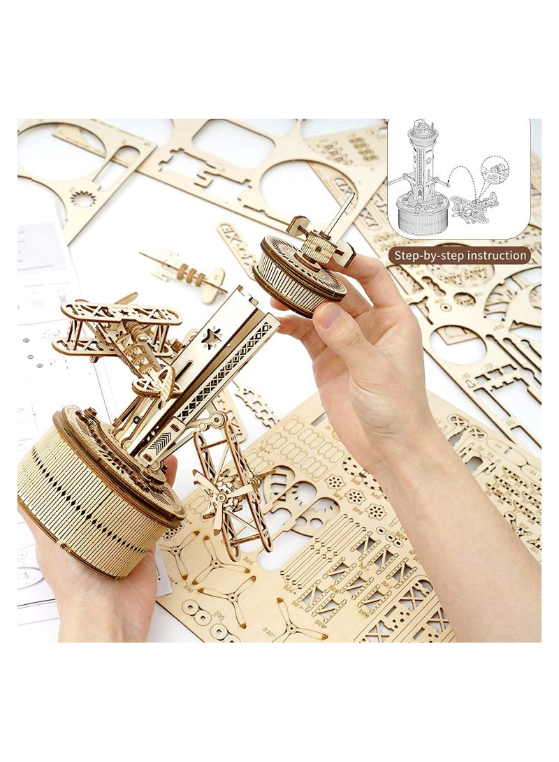 3D Wooden Puzzle Airplane Tower Music Box - DIY Mechanical Biplane Toys Building Kit 10 - Image 3